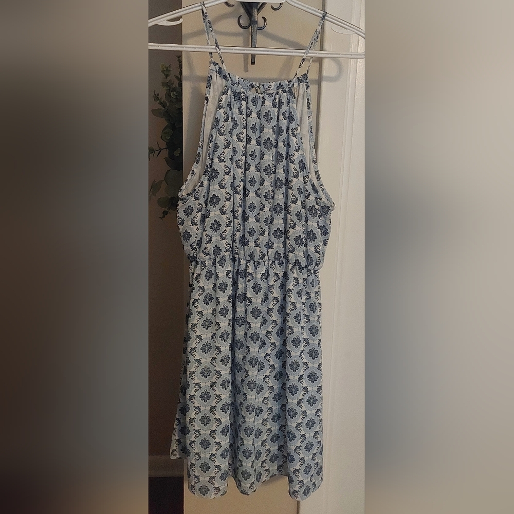 Anthropology Paper Crane Blue and White Patterned Halter SunDress Large
